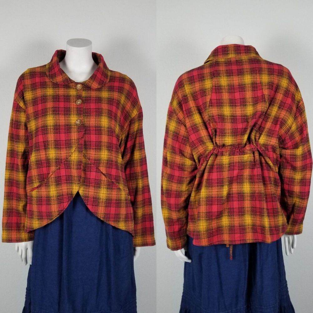 Krista Larson Red Gold Plaid Rustic Lagenlook Dragonfly Cocoon Shirt Jacket OSFM